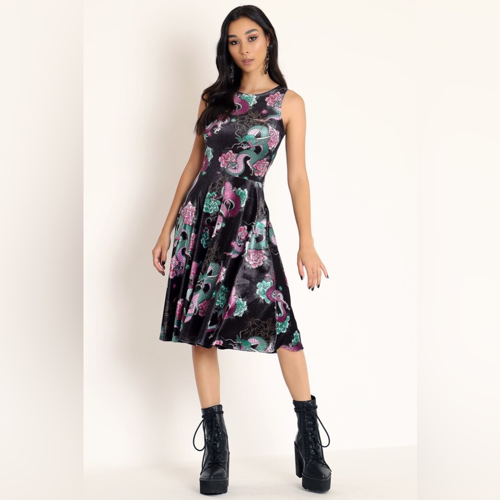 BlackMilk Clothing DRAGON BOUQUET VELVET PRINCESS MIDI DRESS - LIMITED